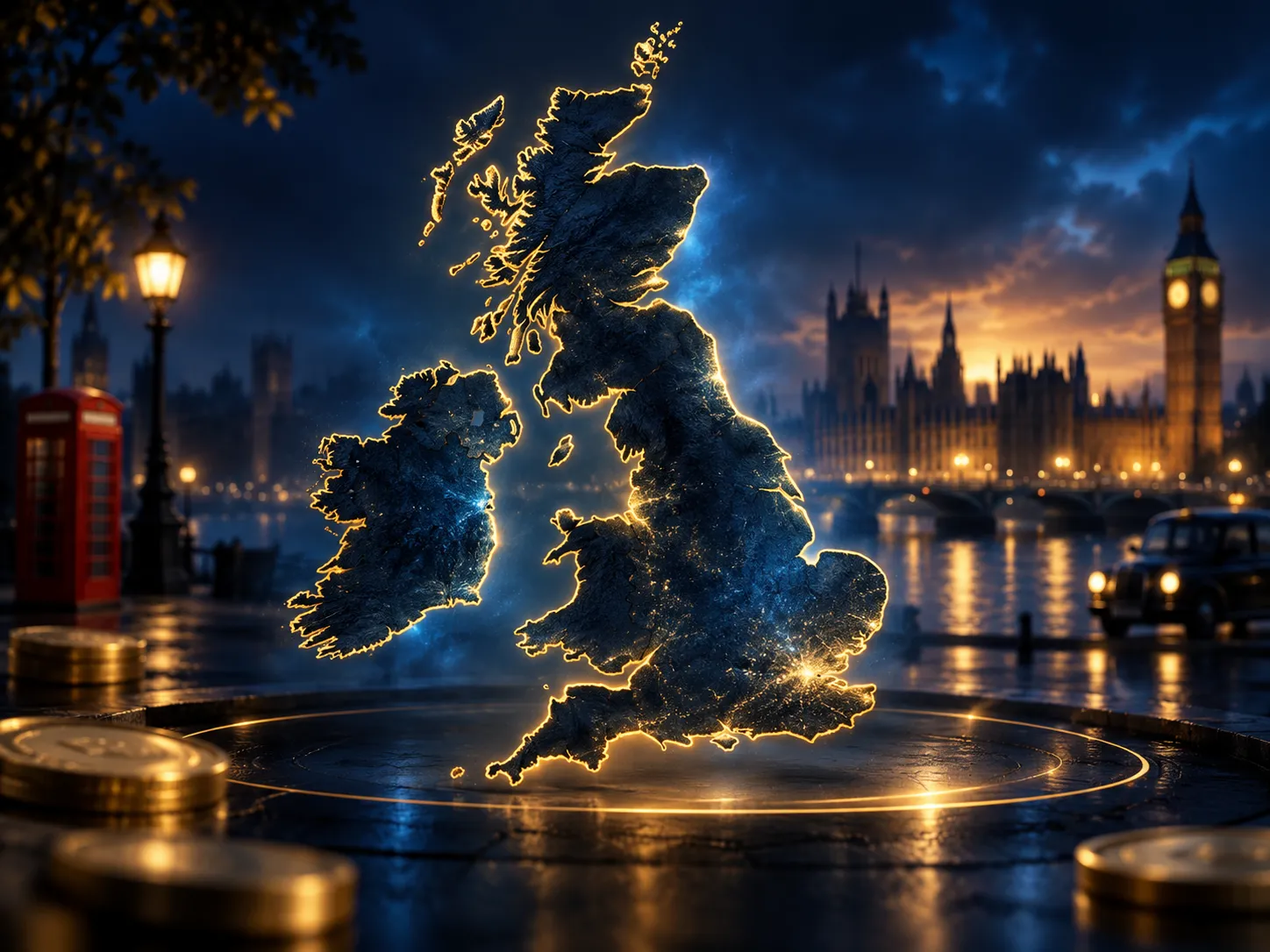 Dark navy map of the British Isles with glowing gold outline, electric blue highlights, premium editorial illustration style