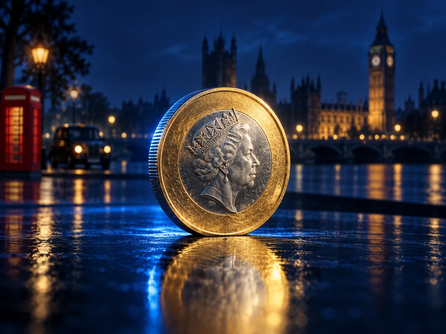 A British pound coin standing upright on a dark reflective surface bathed in soft electric blue cinematic light