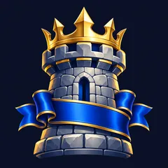 Flat app icon with glossy gold stone fortress tower topped by a crown and blue banner on deep navy background