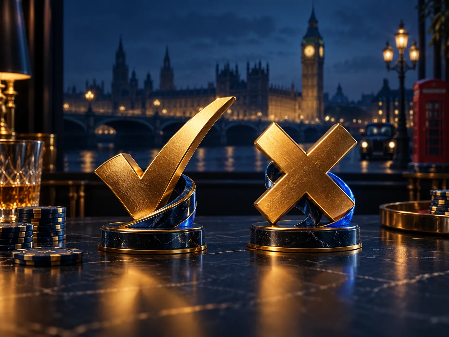 Dark navy table with gold tick and cross icons representing casino review pros and cons, cinematic lighting with electric blu
