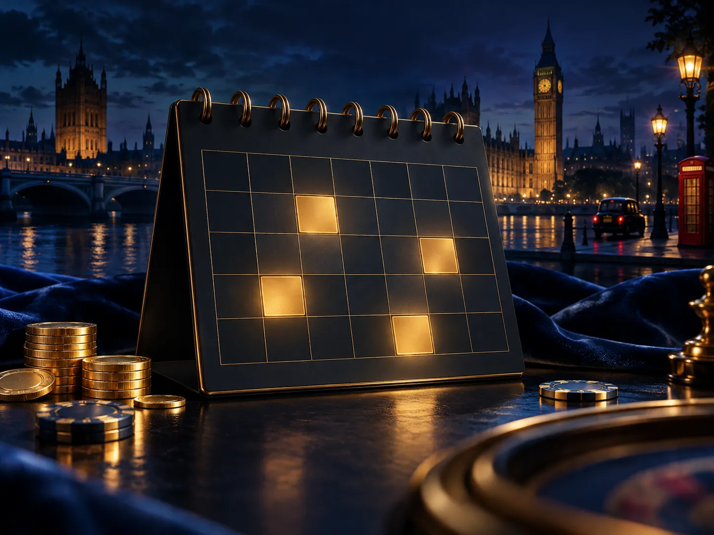Dark navy calendar grid with a few days highlighted in warm gold glow, abstract schedule illustration with cinematic lighting