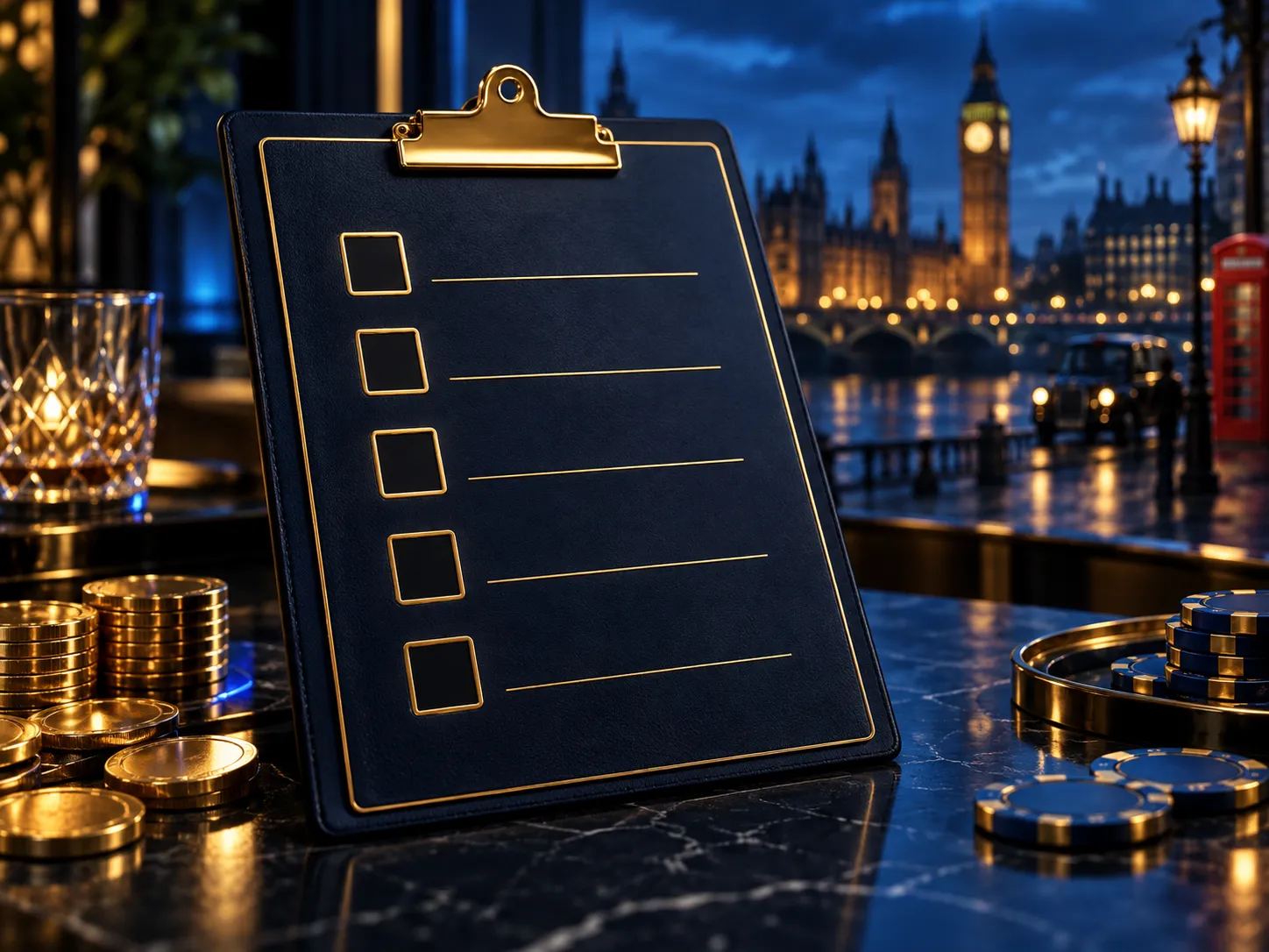 Dark clipboard with gleaming gold checkboxes against a deep navy background with subtle London skyline accents
