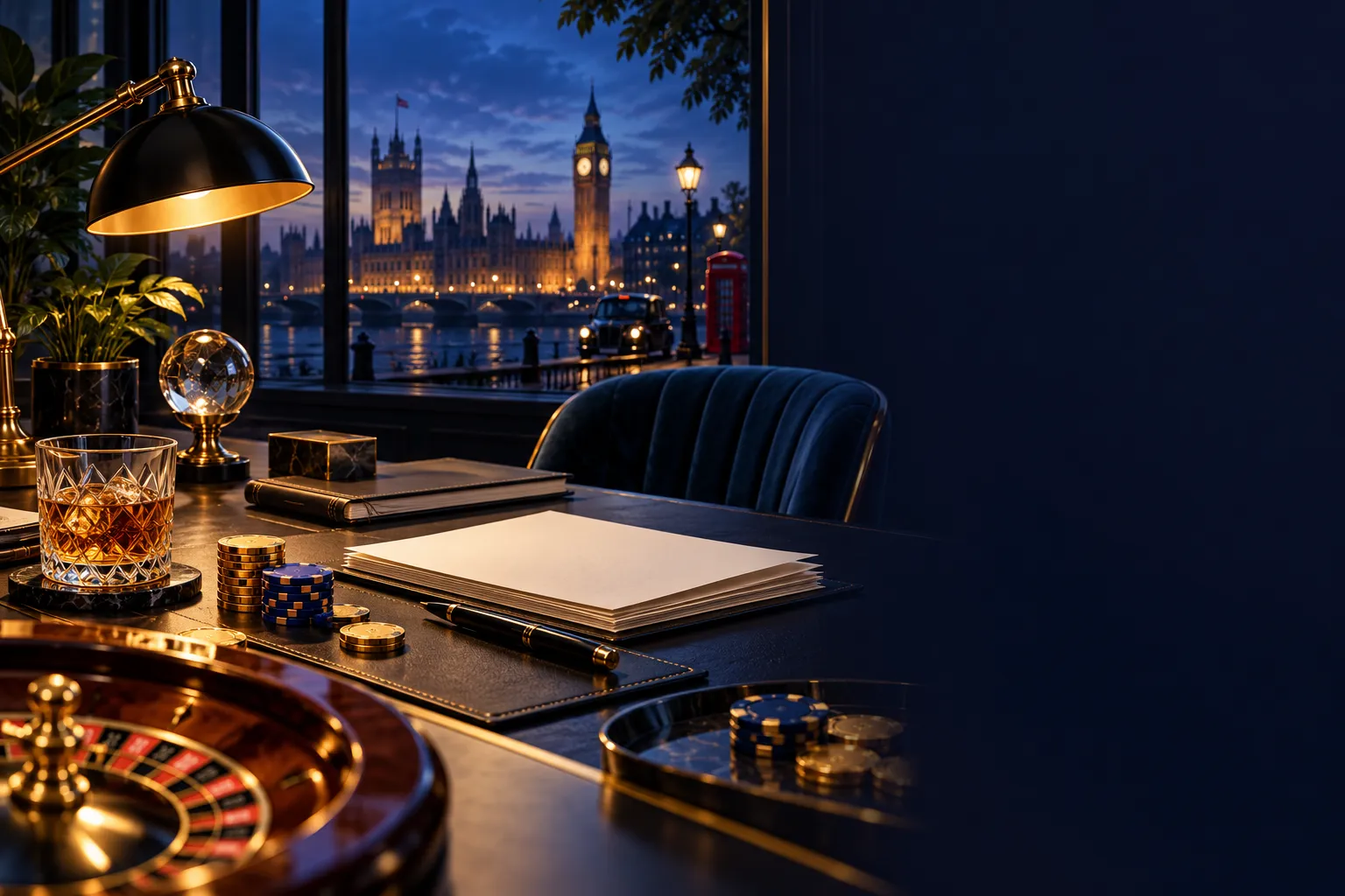 Moody navy office interior with warm desk lamp illuminating editorial papers, gold accents, cinematic lighting for UK casino 