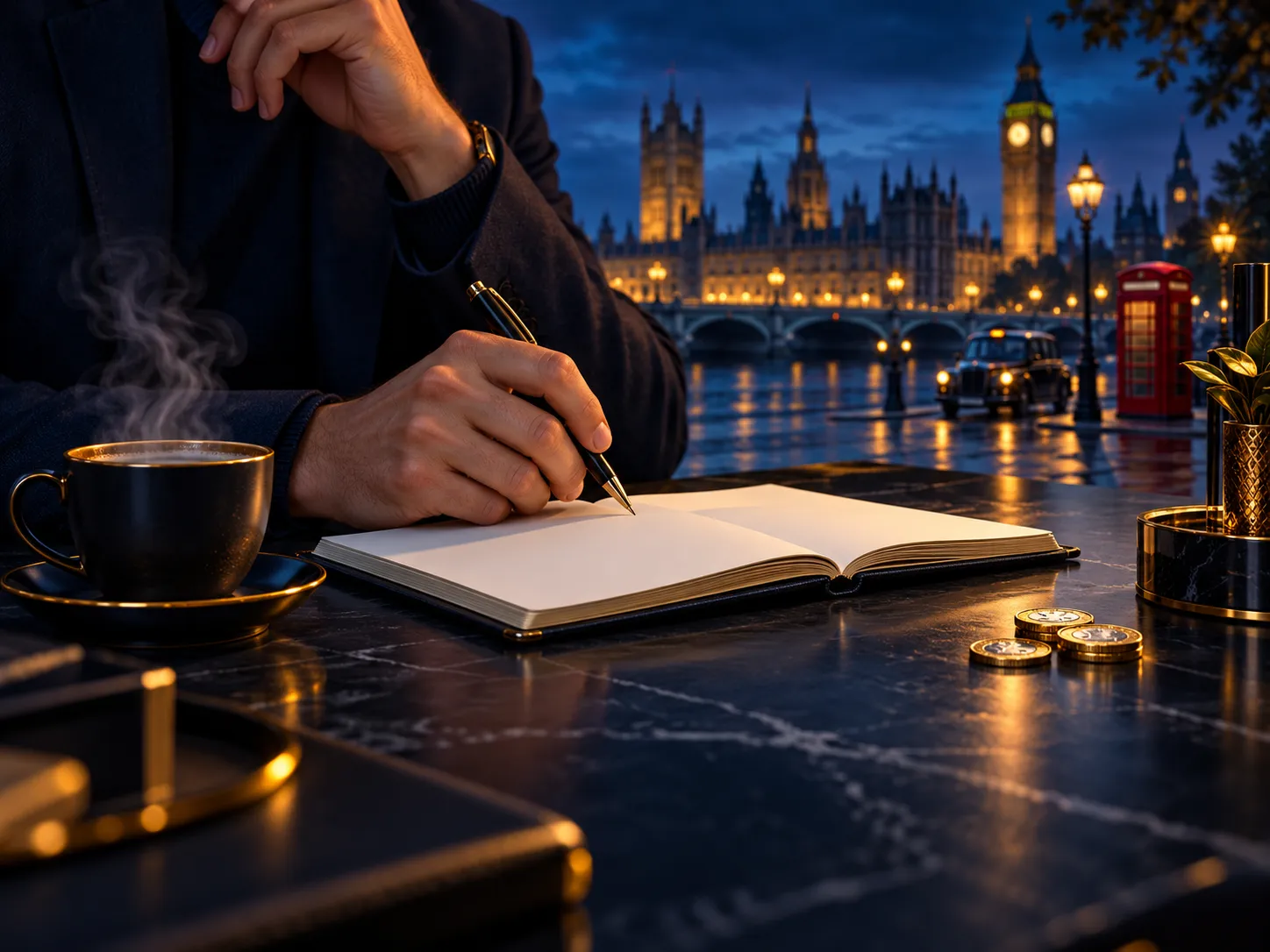 Cinematic dark table scene with coffee and open notebook, deep navy tones and warm gold accents suggesting thoughtful British