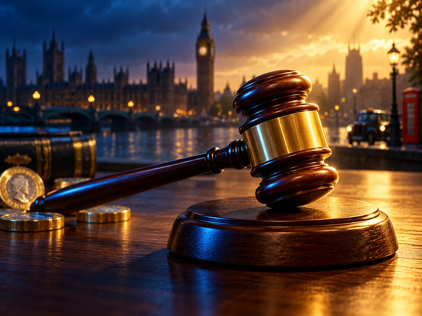 A gavel resting on dark polished wood bathed in warm gold cinematic light, deep navy background with electric blue and gold a