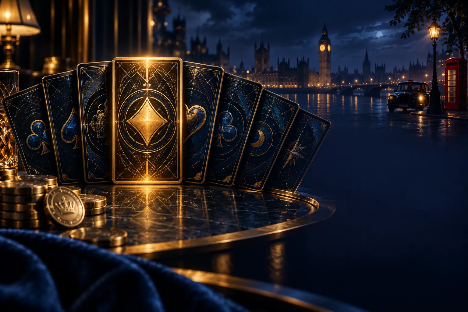 Seven dark glass playing cards fanned out on a deep navy background, with one luminous gold card at the centre, evoking a pre