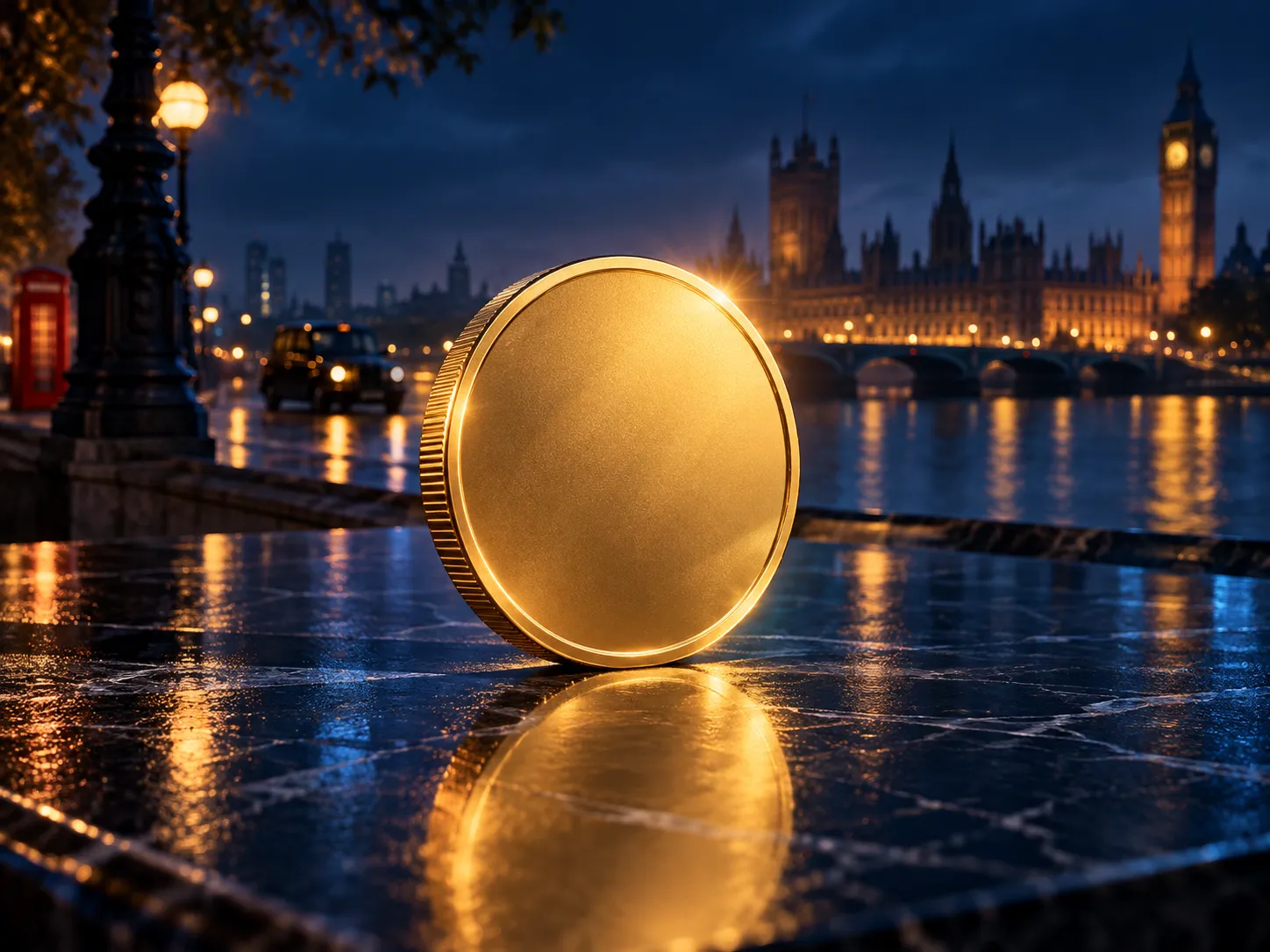 A glowing gold cryptocurrency coin resting on dark reflective glass, lit with cinematic soft light against a deep navy backgr
