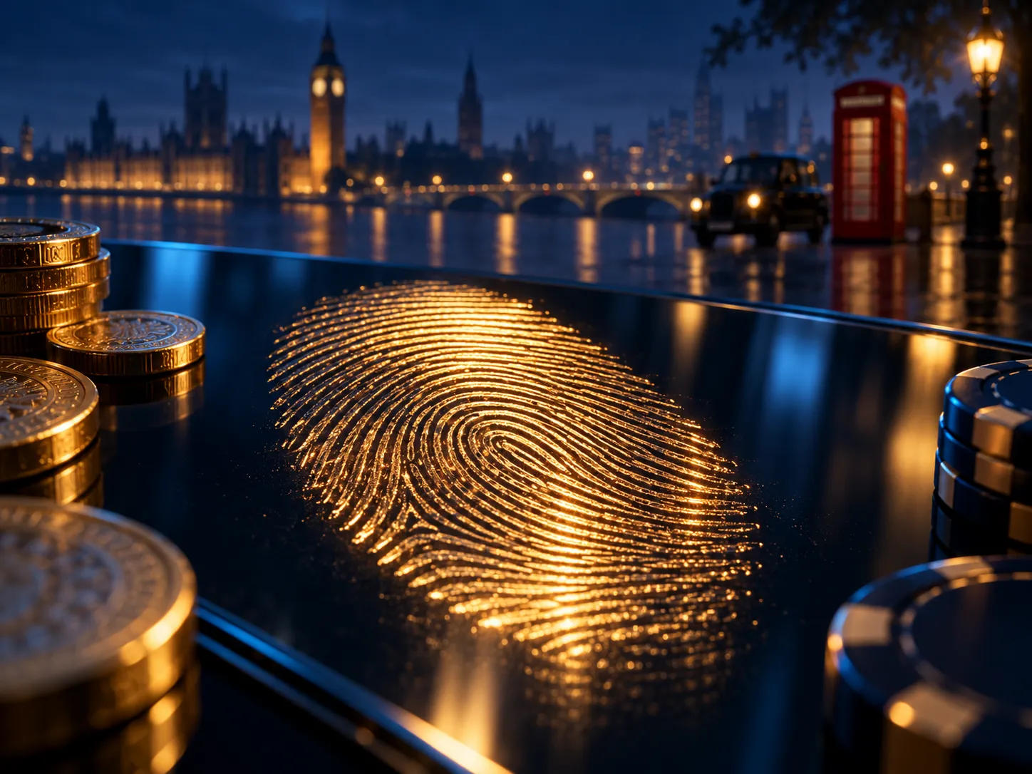 A luminous gold fingerprint pressed against dark glass, cinematic soft lighting on deep navy background with electric blue hi