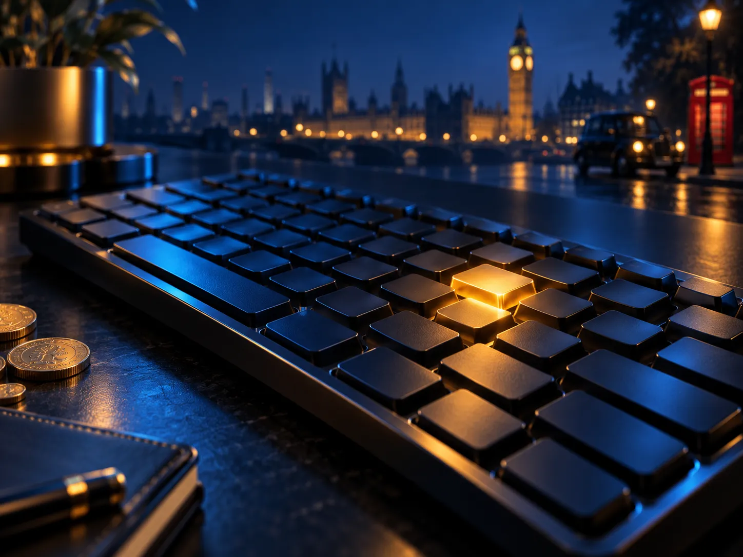 Premium editorial illustration of a keyboard with one glowing gold key on a dark desk, deep navy background with subtle Londo