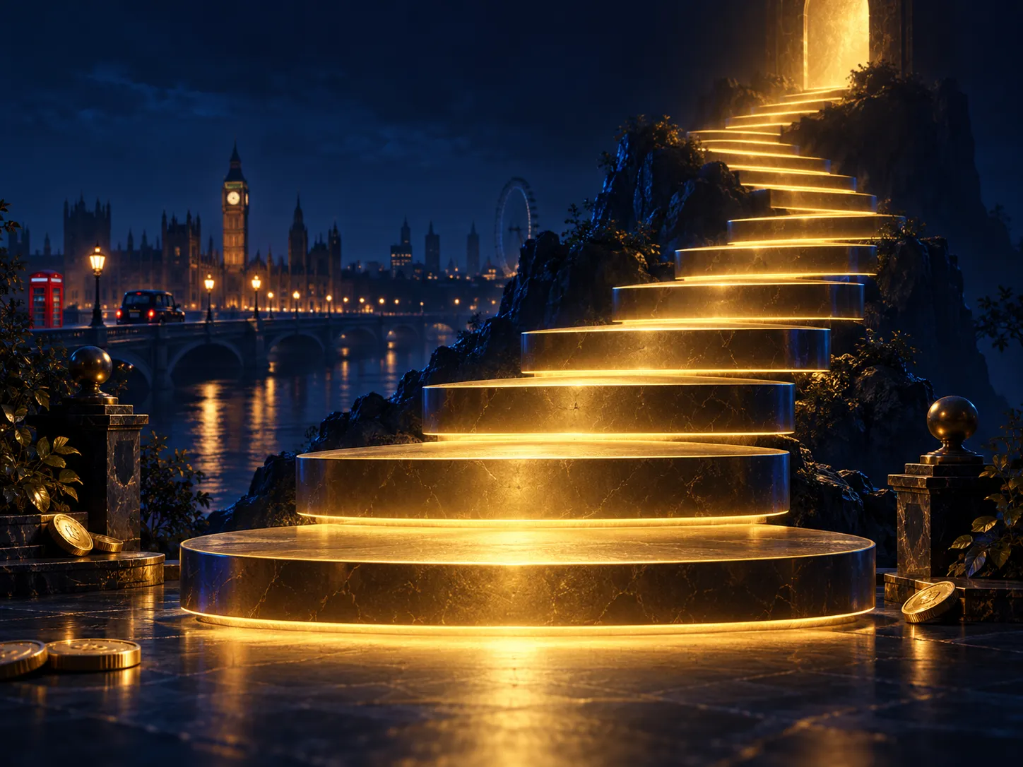 Cinematic digital painting of glowing gold platforms ascending into deep navy darkness, electric blue highlights, premium edi