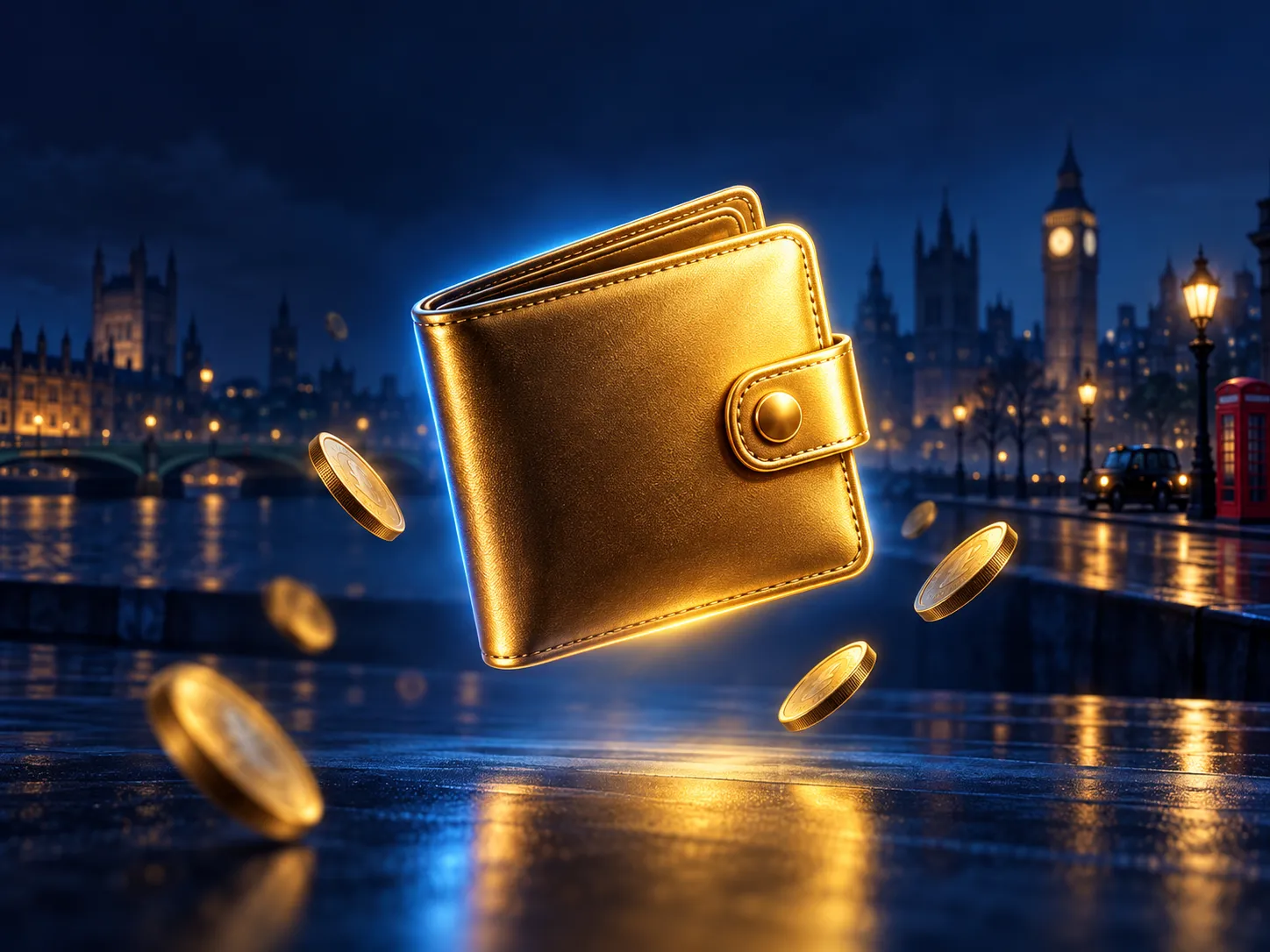A glowing gold wallet icon centred on a deep navy background with electric blue highlights and warm gold accents in a premium
