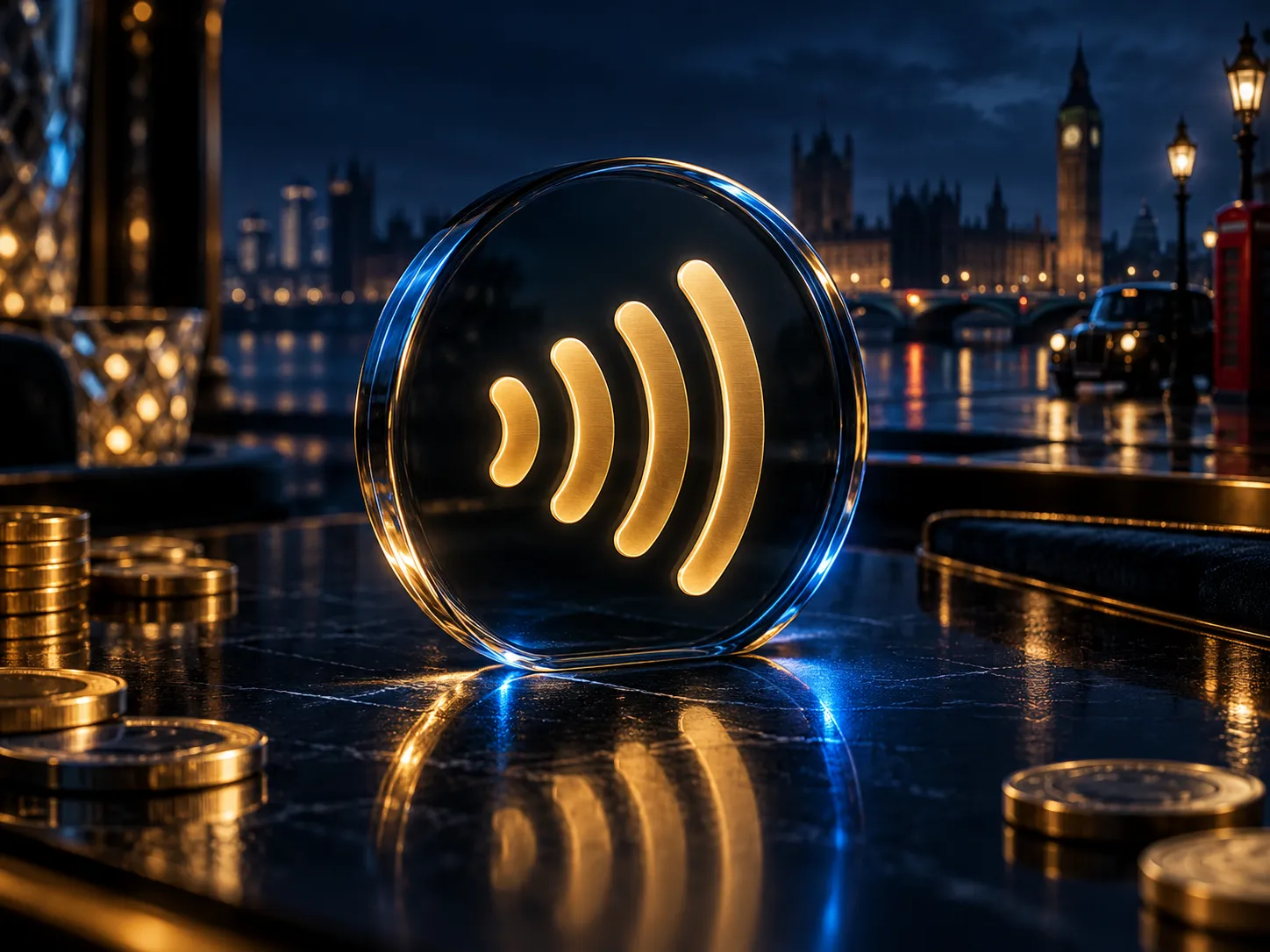 Gold contactless payment wave icon glowing on a dark glass surface with electric blue highlights, premium UK casino editorial