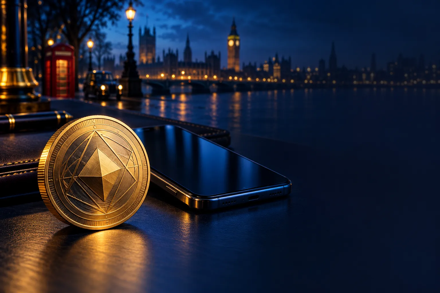 Gold cryptocurrency coin beside a smartphone on a dark navy desk with cinematic editorial finance lighting and electric blue 