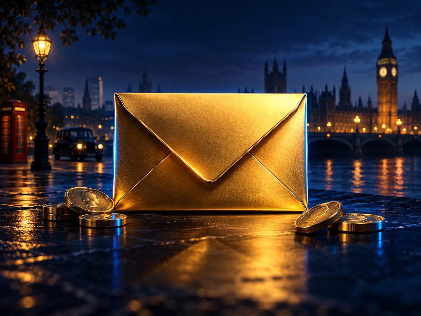 A gleaming gold envelope icon centred on a deep navy background with electric blue highlights and subtle UK-themed accents in