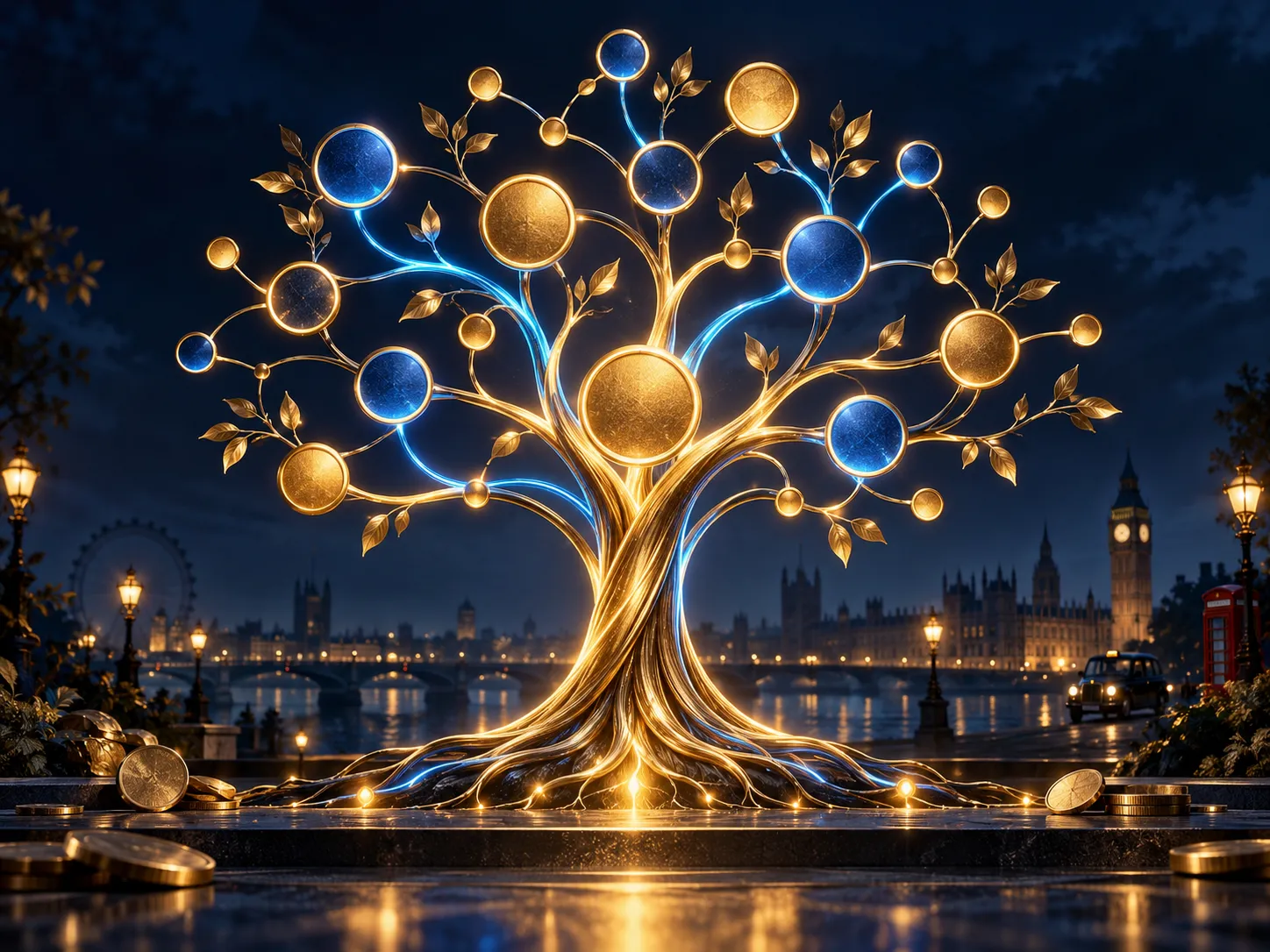 Abstract golden family tree with glowing nodes and branching lines on a deep navy background with warm gold accents