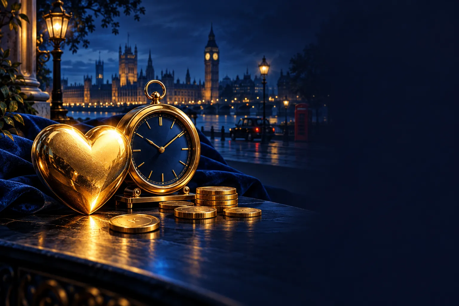 Editorial illustration of a gold heart and clock icon on deep navy background with electric blue accents, symbolising care an