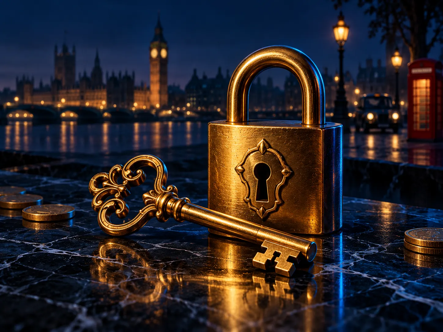 A gleaming gold key and padlock resting on dark marble, lit with cinematic blue and gold tones against a deep navy background