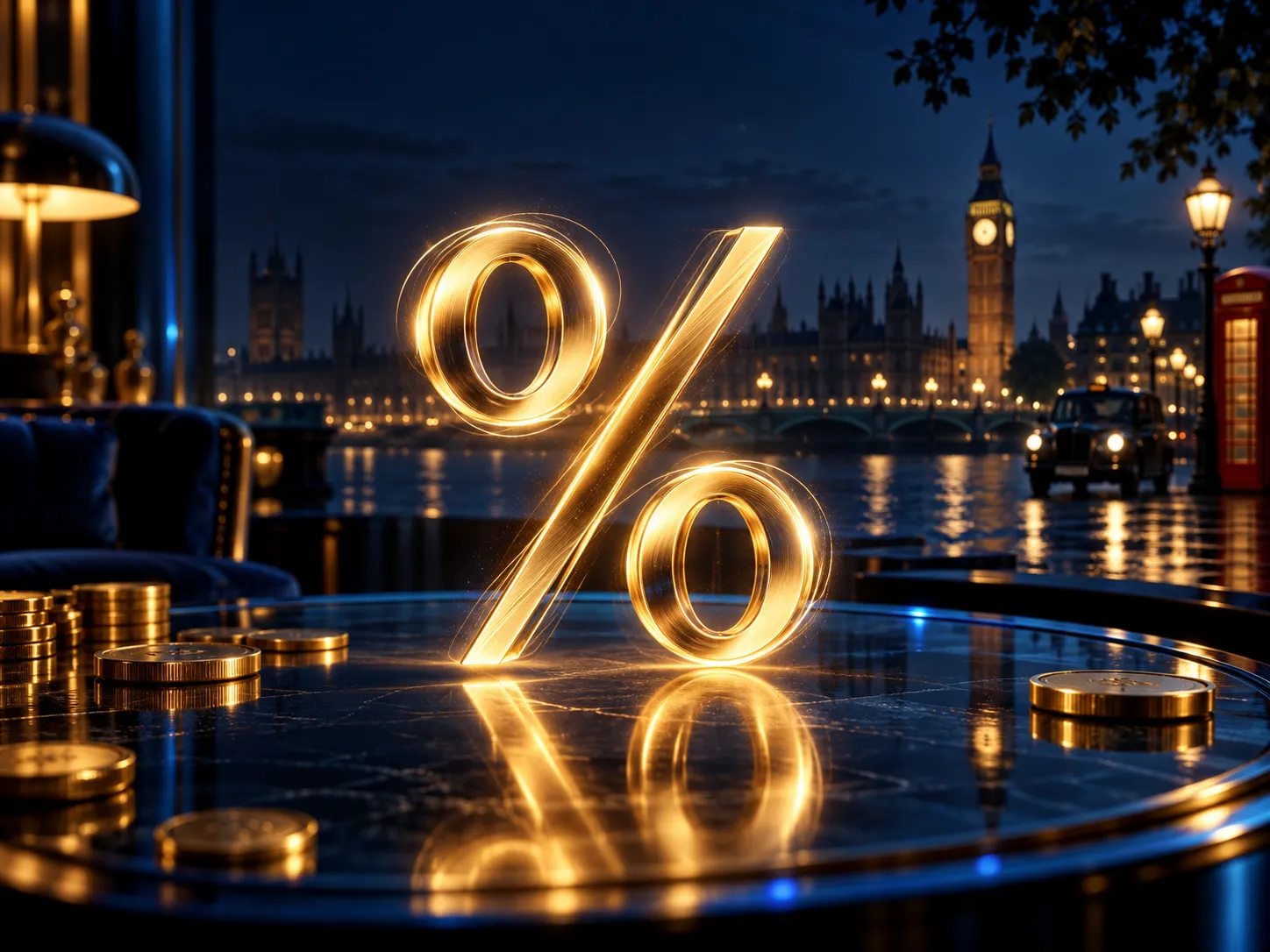 A glowing gold percentage symbol hovers over dark reflective glass with deep navy and electric blue lighting, evoking casino 
