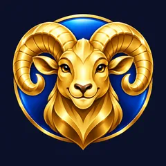 Cheerful glossy gold ram head with curled horns centered on a blue circular backdrop, flat casino brand emblem on deep navy