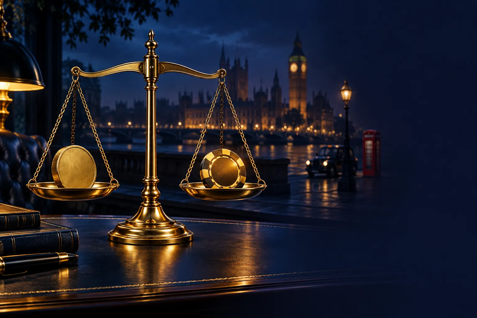 A balanced gold scale on a navy desk weighing a pound coin against a glowing gold casino chip, with a London skyline silhouet