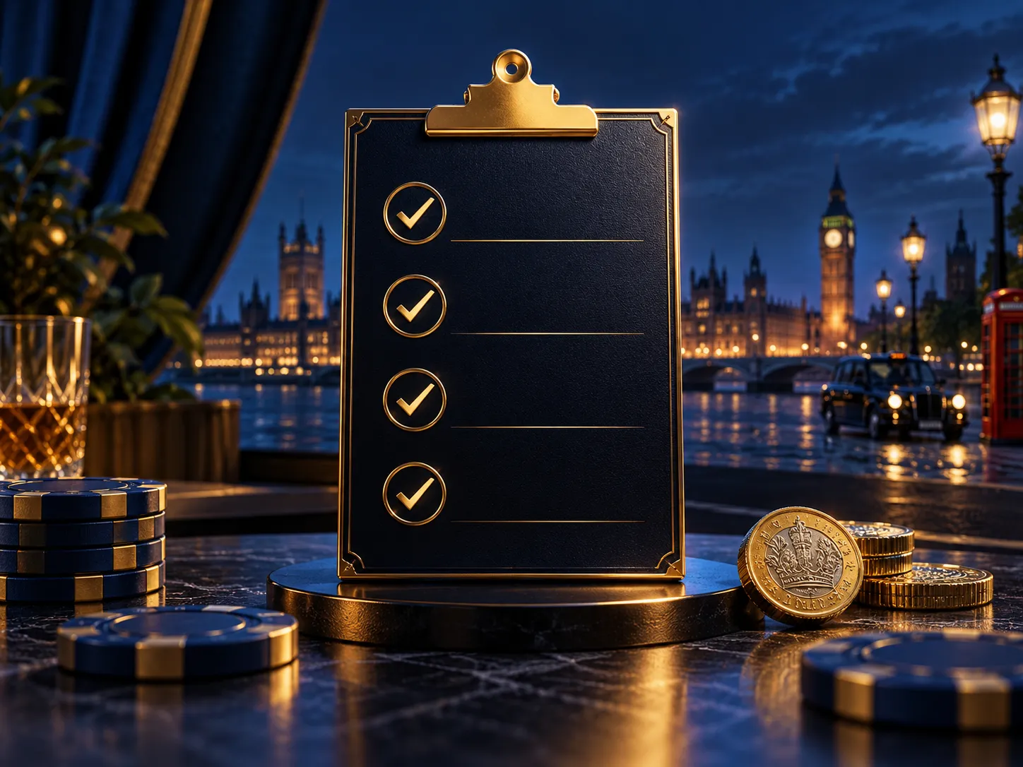 Dark navy checklist panel with gold tick marks, cinematic lighting, subtle London skyline silhouette, premium editorial casin
