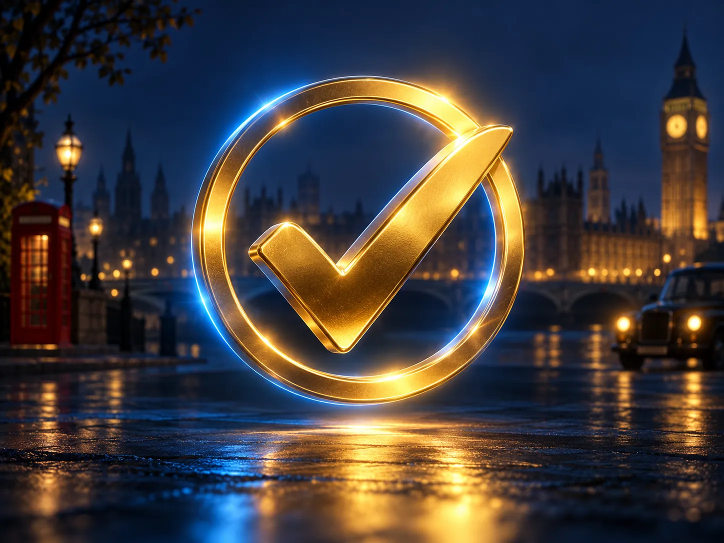 A gold checkmark inside a luminous electric-blue circle on a deep navy background, evoking trust and approval for a British c