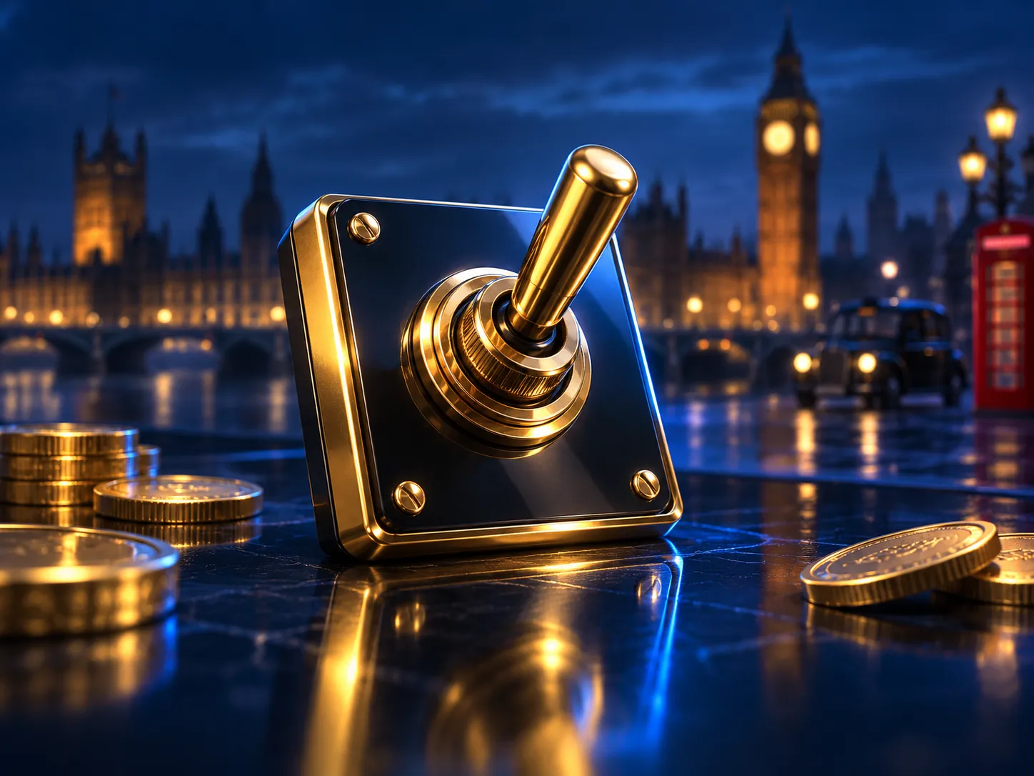 A gleaming gold toggle switch resting on dark glass, cinematic soft lighting with deep navy background and electric blue high