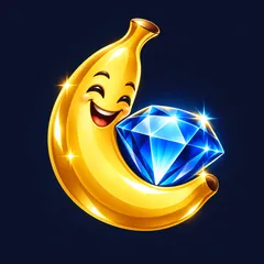 Flat casino app icon with a smiling glossy golden banana and sparkling blue diamond emblem on deep navy background