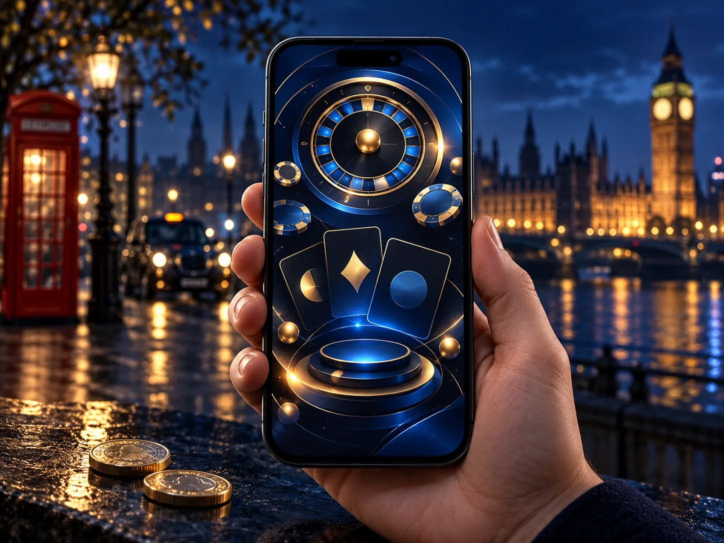 Close-up of a hand holding a smartphone with abstract casino interface, blurred London night street in deep navy and gold ton
