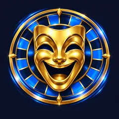 Glossy gold laughing theatre mask with a spinning blue roulette wheel halo on deep navy app icon background