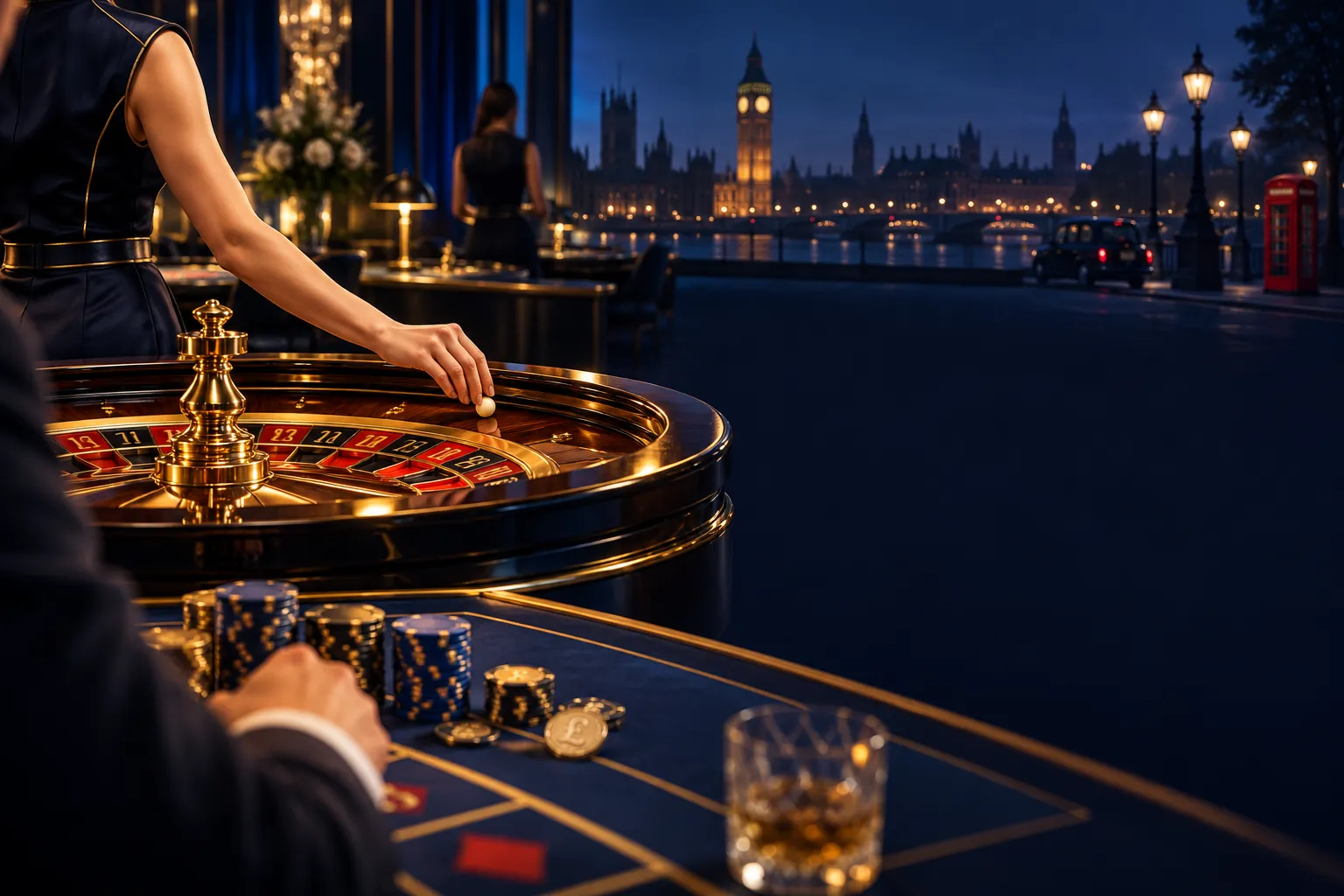 Premium live casino studio featuring an illuminated gold roulette table under soft spotlights against deep navy walls with su