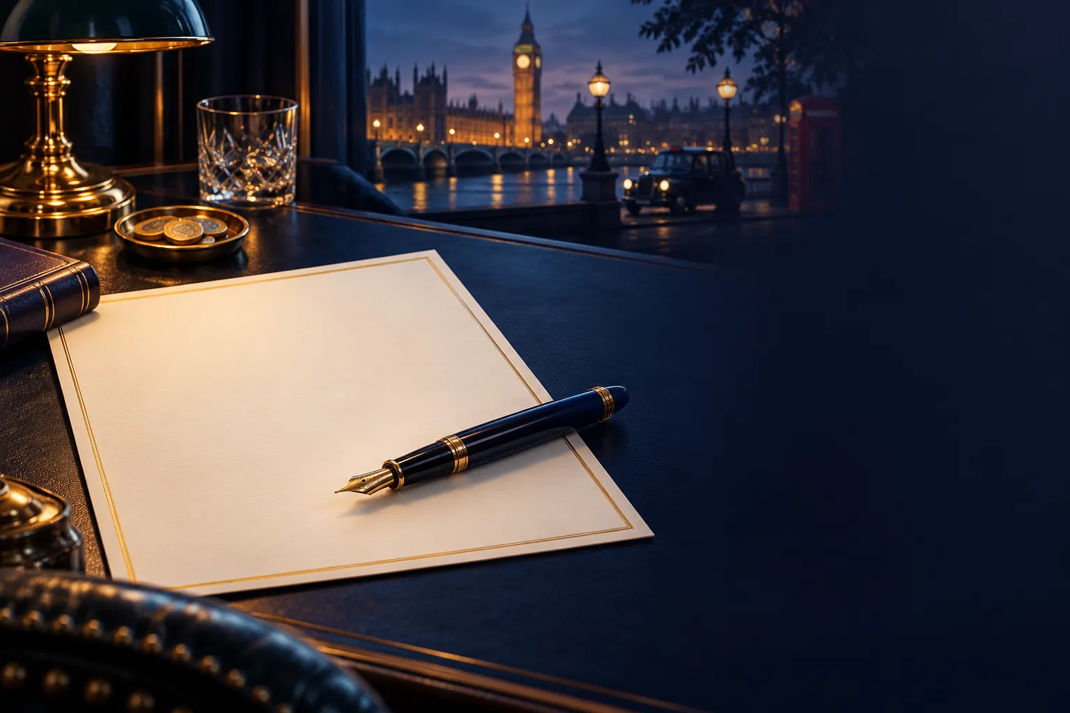 Premium navy desk with a gold-trimmed document and elegant fountain pen, cinematic soft lighting with deep blue and warm gold