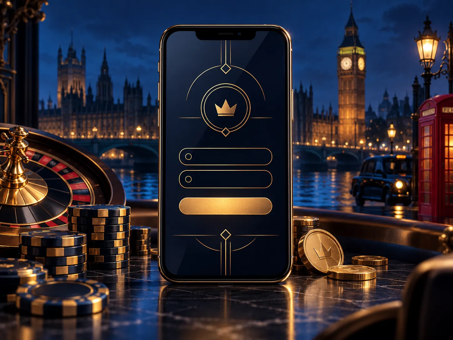 A premium smartphone displaying an abstract gold-line login screen on a deep navy background, with soft cinematic lighting an