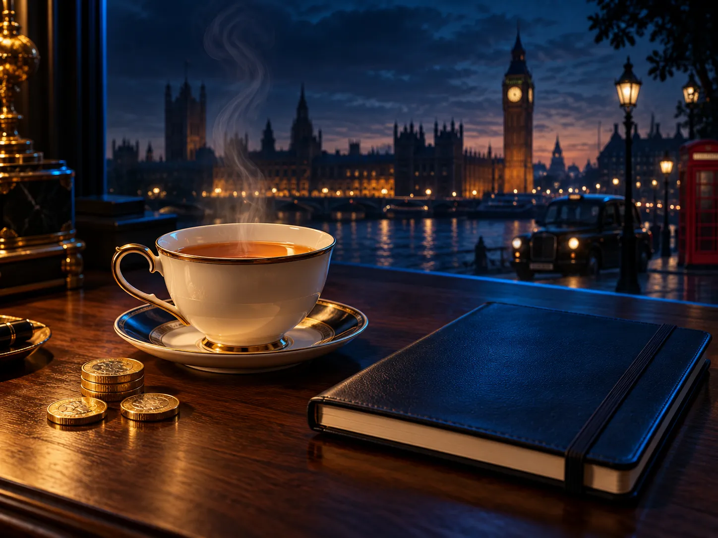 A cup of tea and open notebook resting on a dark navy desk, softly lit with warm gold accents, quiet editorial mood