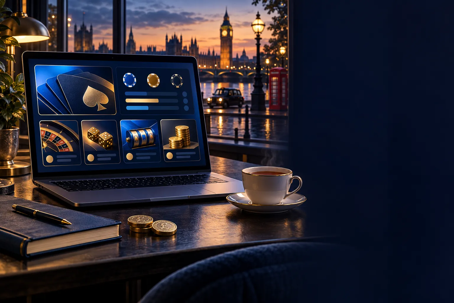 Editorial desk scene with laptop showing casino review dashboard, cup of tea, notebook, and London skyline at dusk through wi