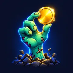 Friendly cartoon zombie hand holding a shiny gold coin with blue glow effect, glossy vector casino emblem on deep navy backgr